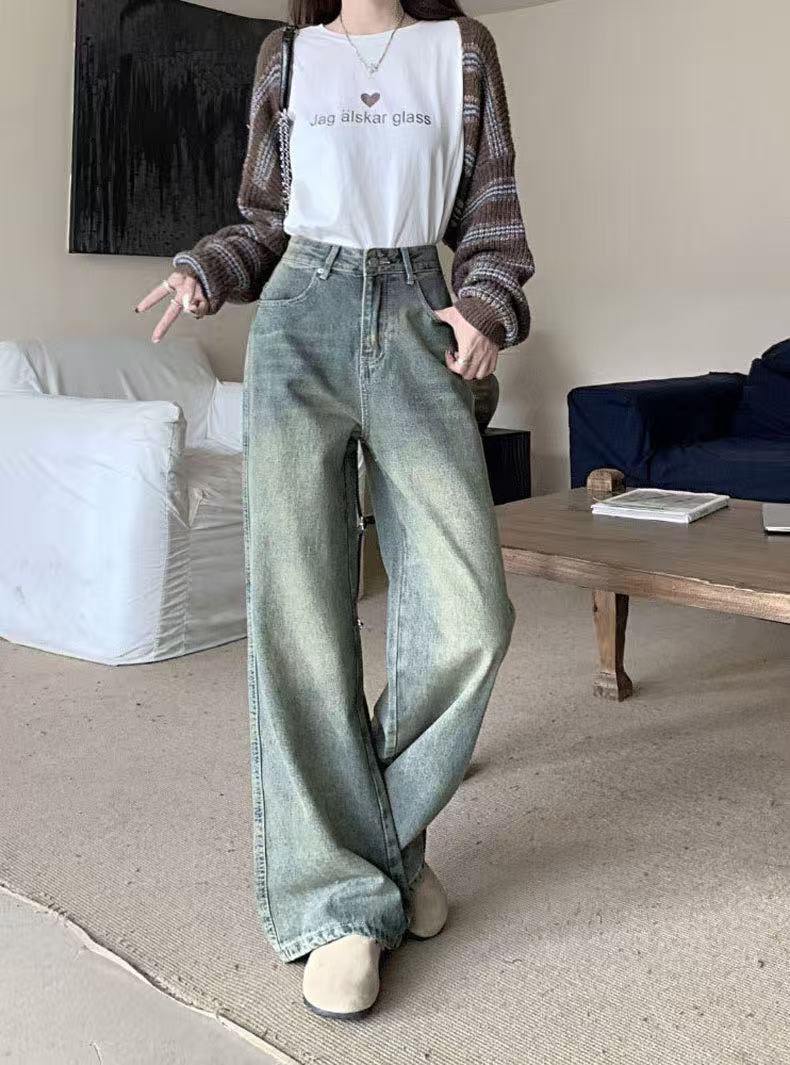 非主图款（欣然自喜招财进宝）默认部分微瑕直筒阔腿ing牛仔裤