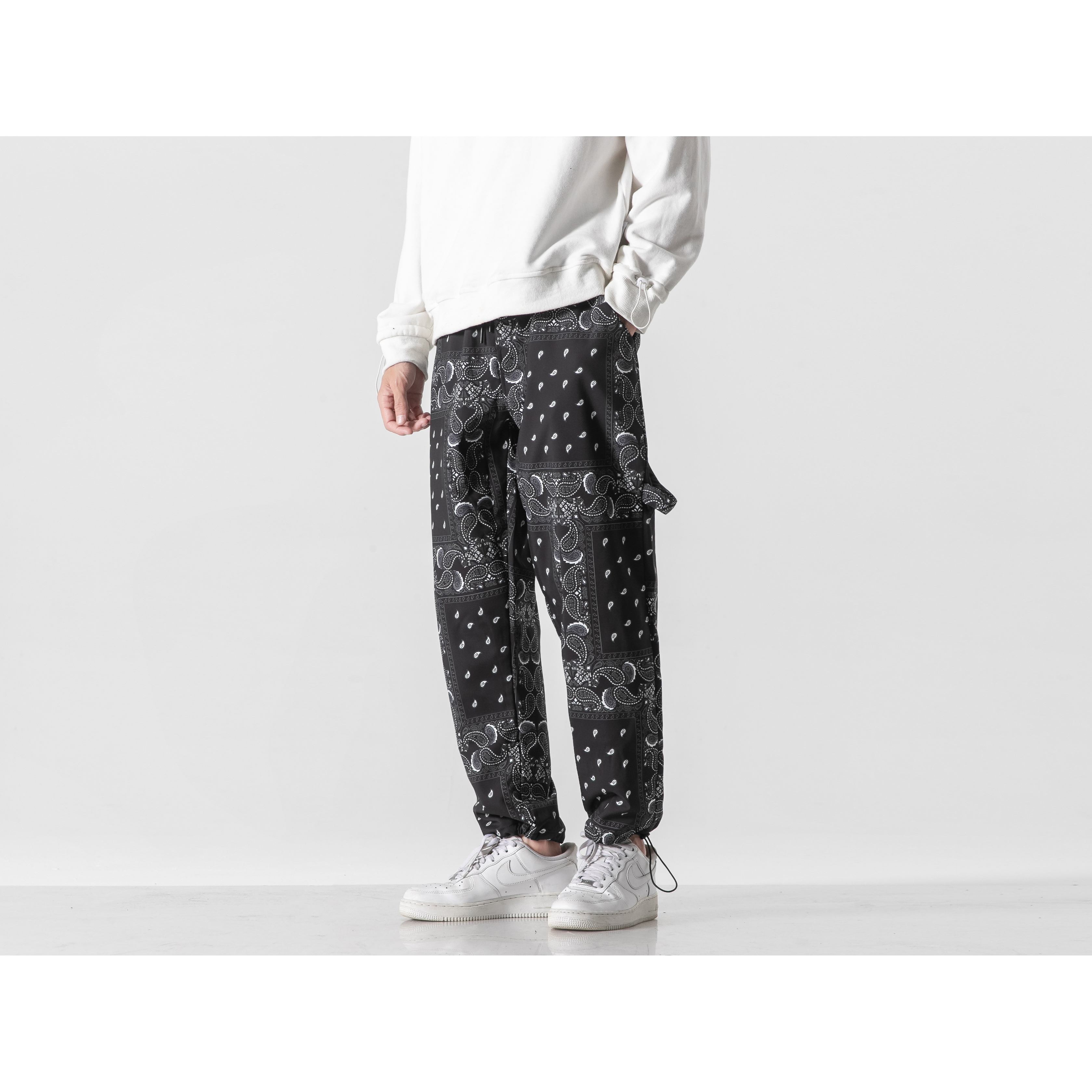 MK01加绒加厚潮牌美式复古腰果花设计感松紧腰系带宽松直筒长裤