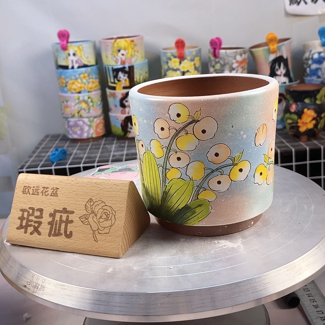 紫砂花盆红陶手绘花盆