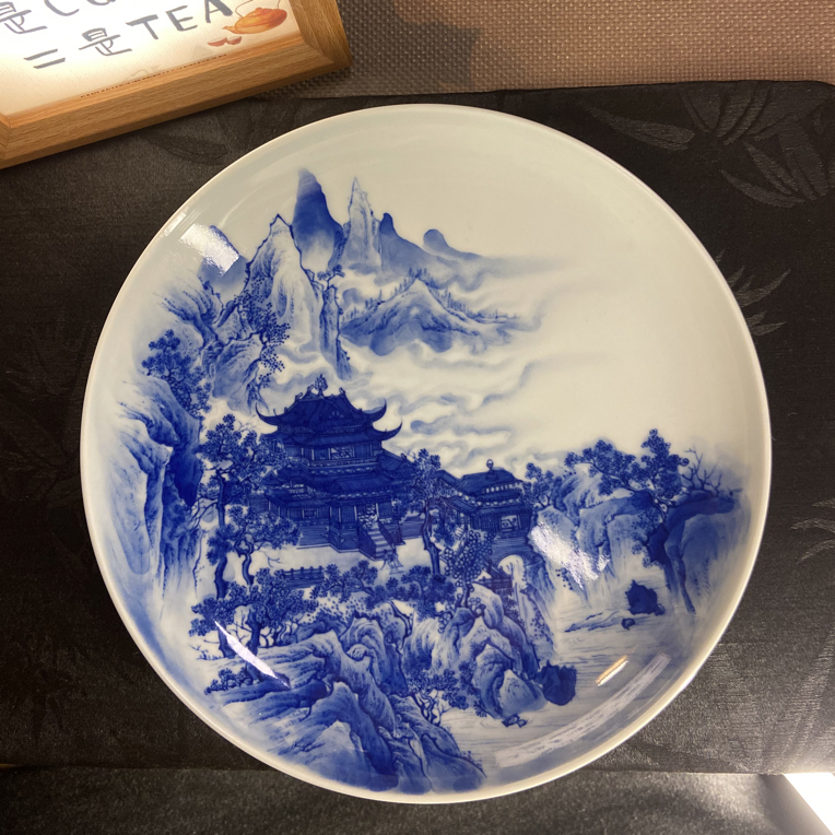 景德镇手绘青花山水壶承釉下青花盘茶盘陶瓷赏盘18cm直径瓷盘