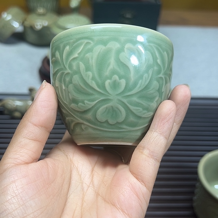 耀州窑青釉牡丹小缸杯2只