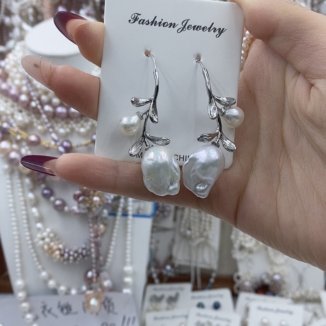 耳饰银S925镶嵌淡水珍珠