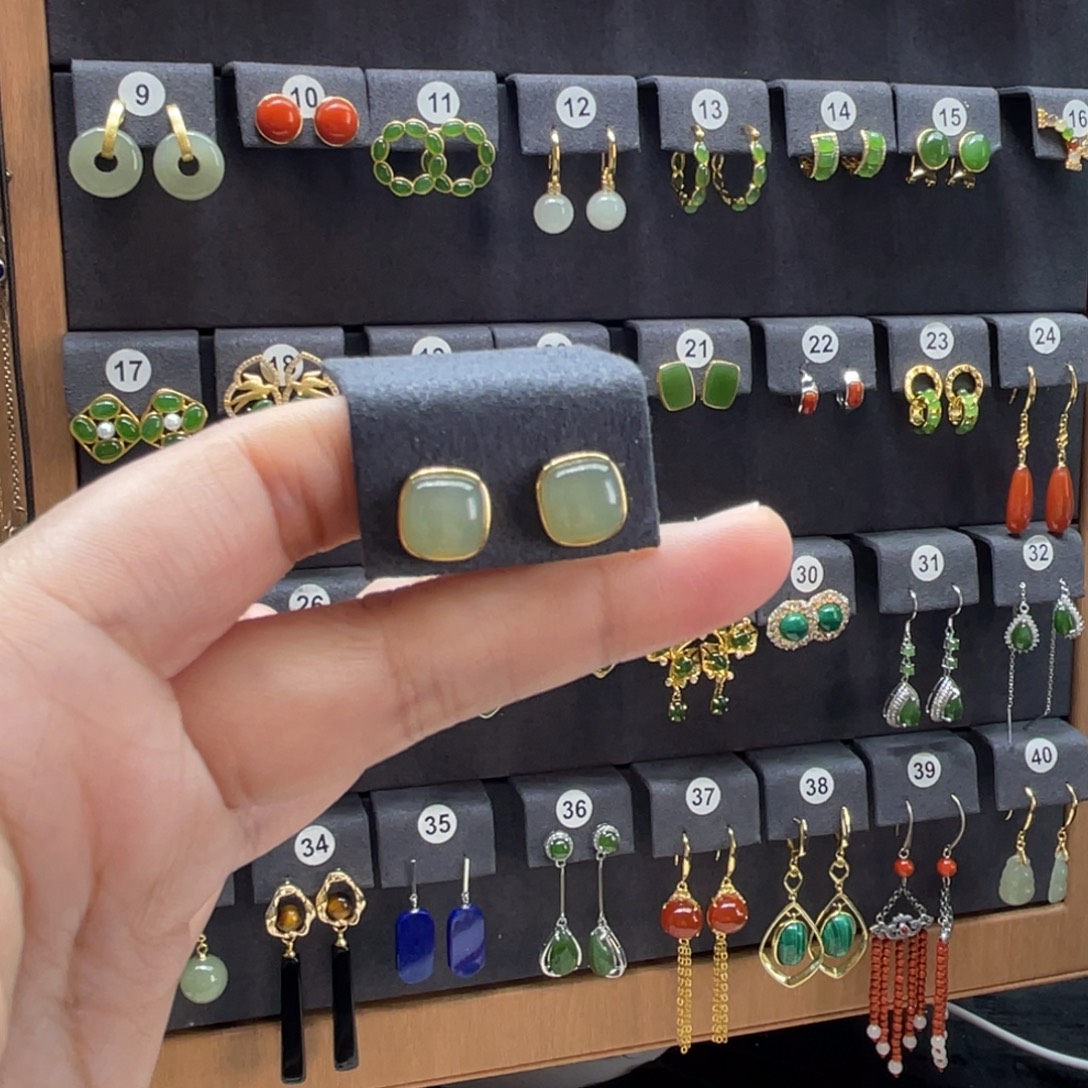 和田玉银S925镶嵌耳饰01号方糖