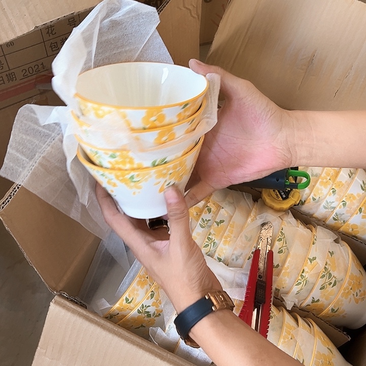 黄色大花5英寸斗笠碗6只