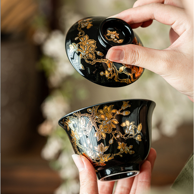 【赏瓷】乌金釉玉兰花二才盖碗 DC2041