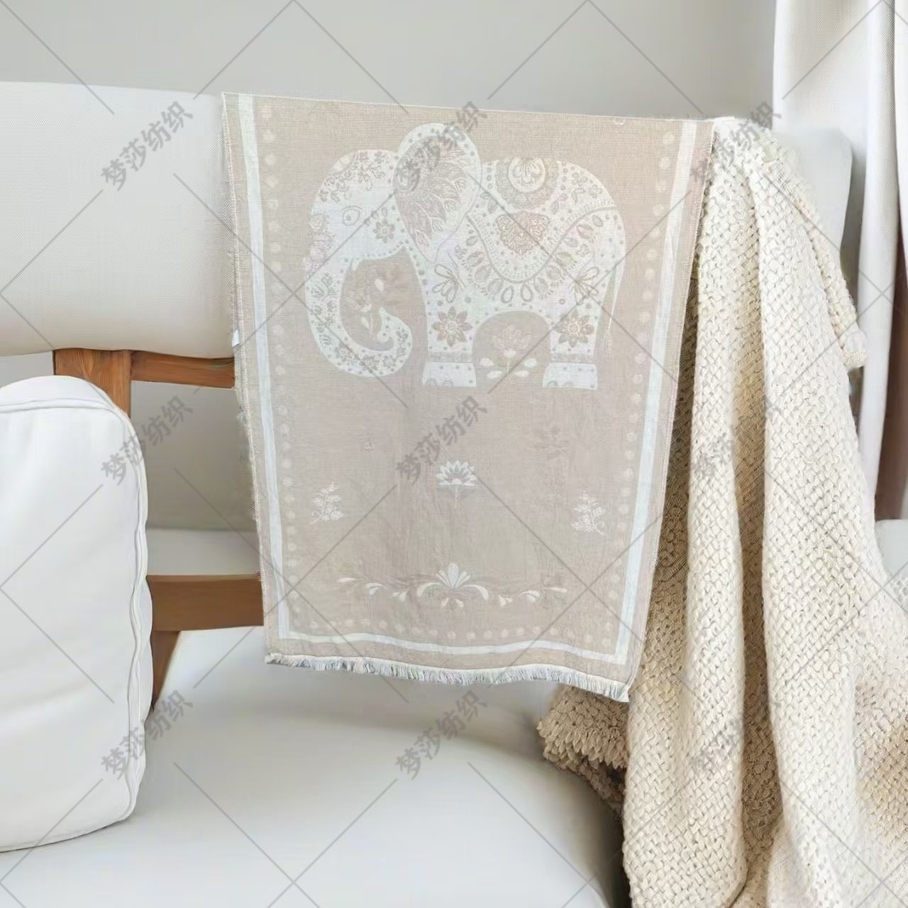 【花卉吉象】罗布麻休闲毯流苏棉麻大浴巾盖毯75cm*150cm