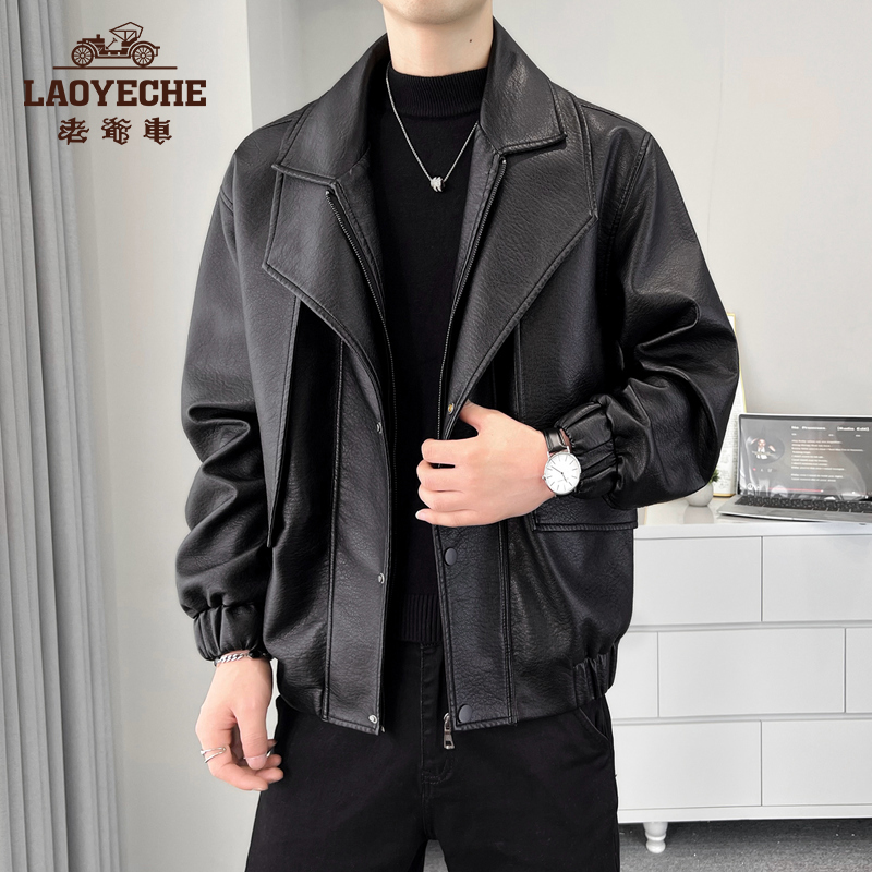 老爷车潮流男款短款机车皮衣休闲青年时尚男士韩版修身帅气外套