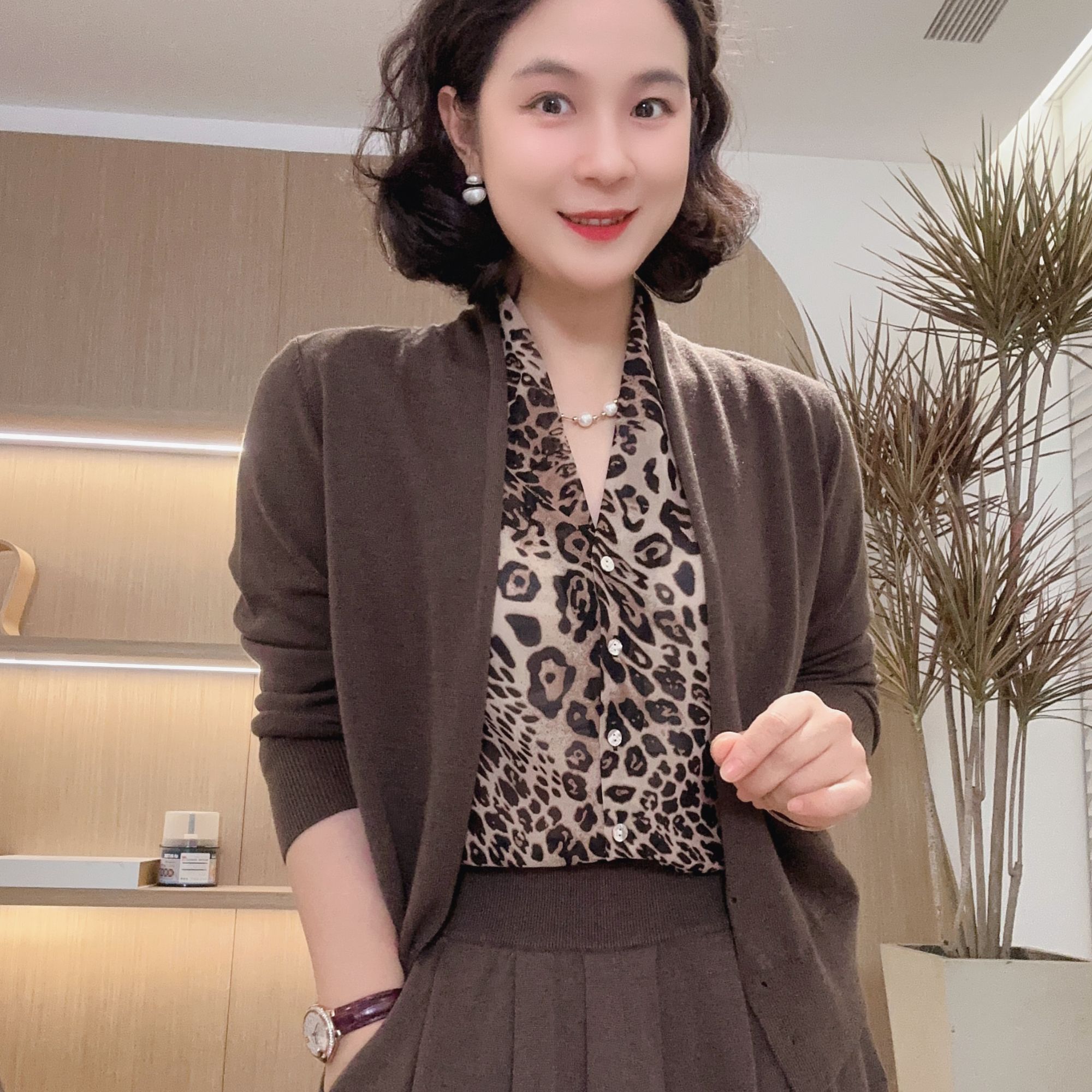 【豹纹贵妃领】秋日新款假两件黑色长袖针织衫开衫#DQ6389