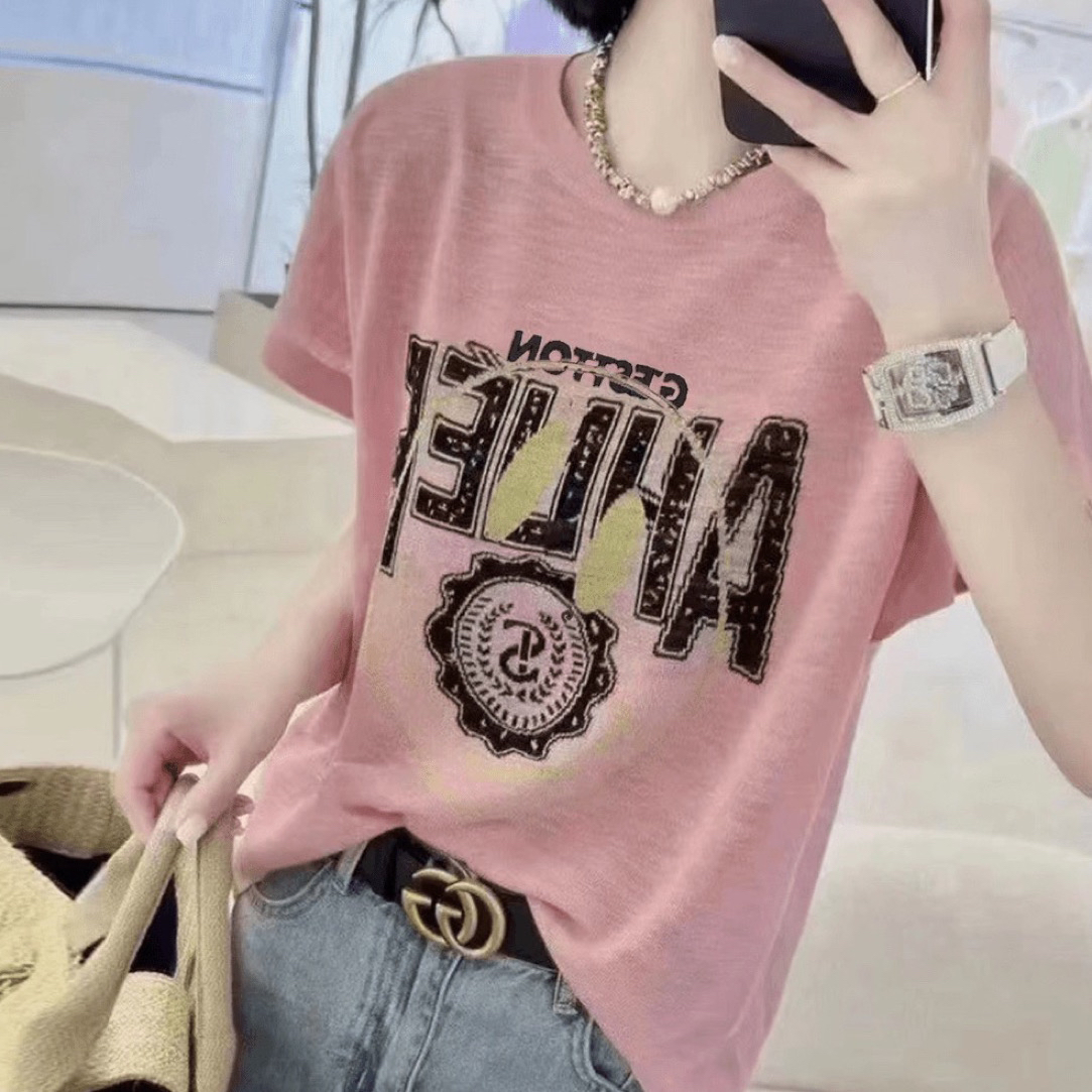 显瘦圆领T恤衫女夏季韩版女士短袖小衫高级感上 衣服1060