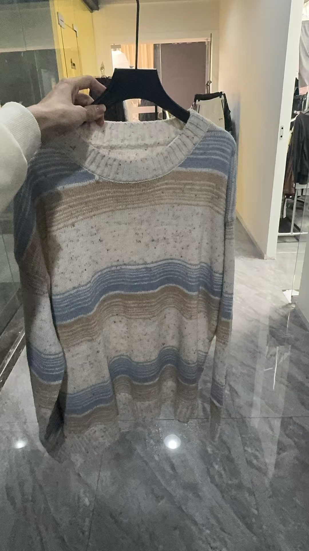 拼接长袖条纹毛针织衫圆领时尚打底针织衫秋冬套头女装百搭