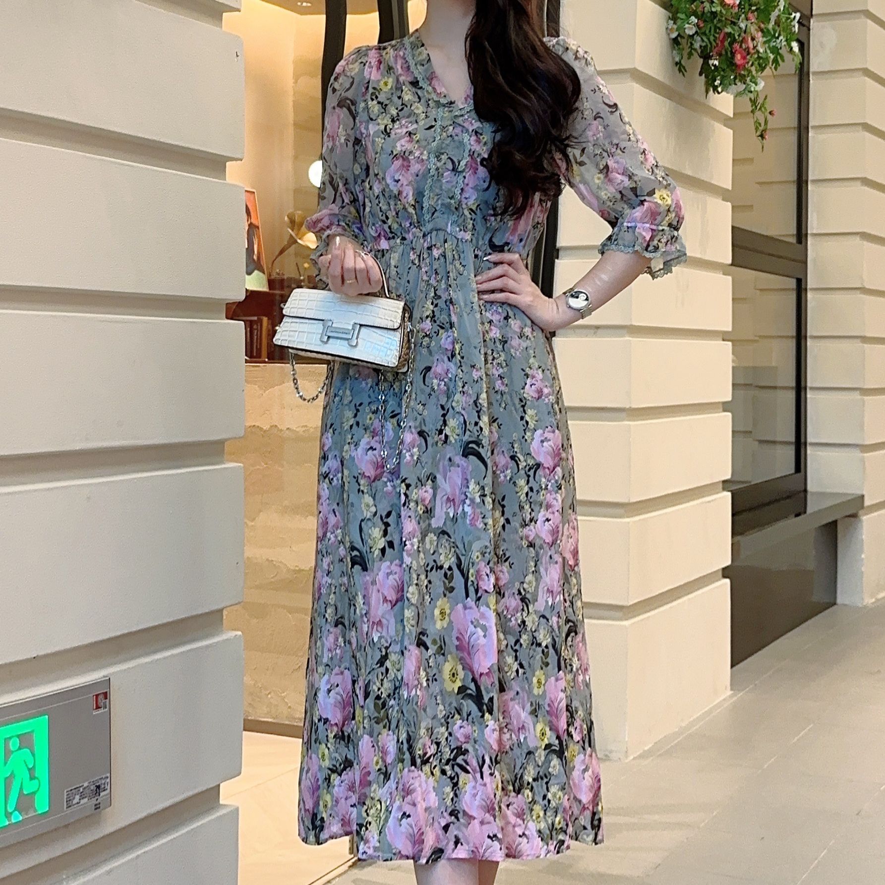 【2507繁花漫步】25年新款时尚高端印花桑蚕丝气质修身连衣裙长115