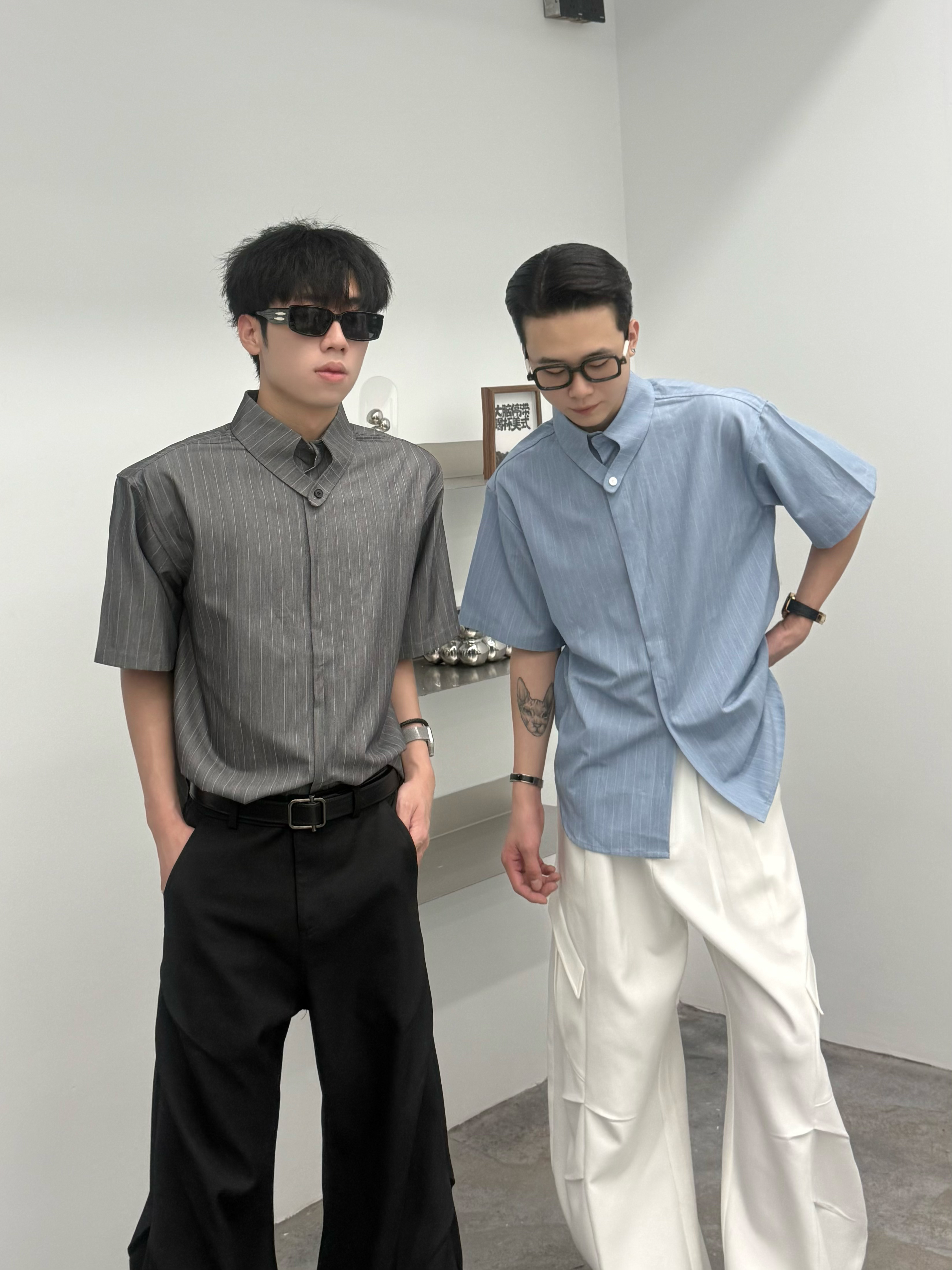 男士夏季宽松透气垂感免烫纯色半短袖衬衫雅痞风格C6929