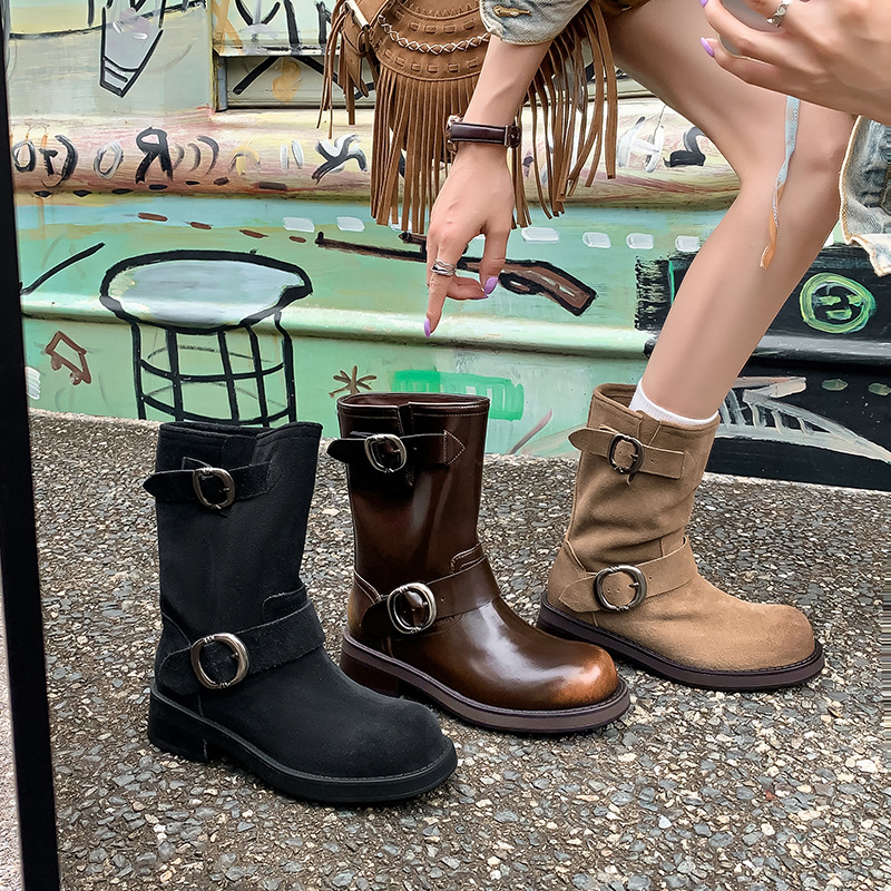 堆堆靴~废土沙丘超软糯厚底加绒机车短靴女马丁靴秋冬爆款真皮