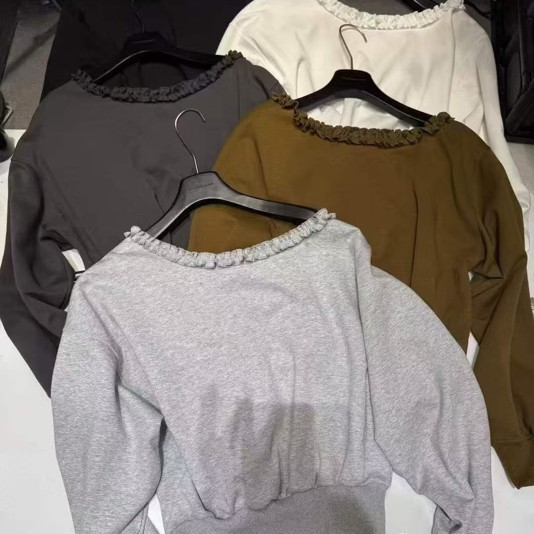 一字领拼接木耳长袖套头春季卫衣百搭打底失序混搭风