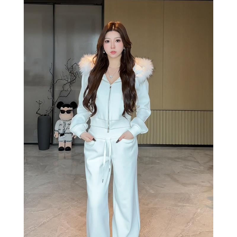 小雨姐姐【麦生笔记】可拆卸毛领加绒卫衣外套 宽松紧腰头卫裤套装