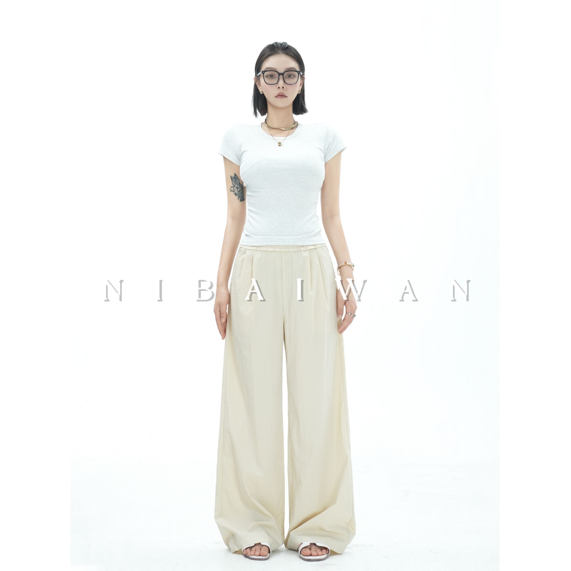 NBW 25美式复古洋气松紧阔腿裤夏季薄款透气时尚百搭垂感休闲女裤
