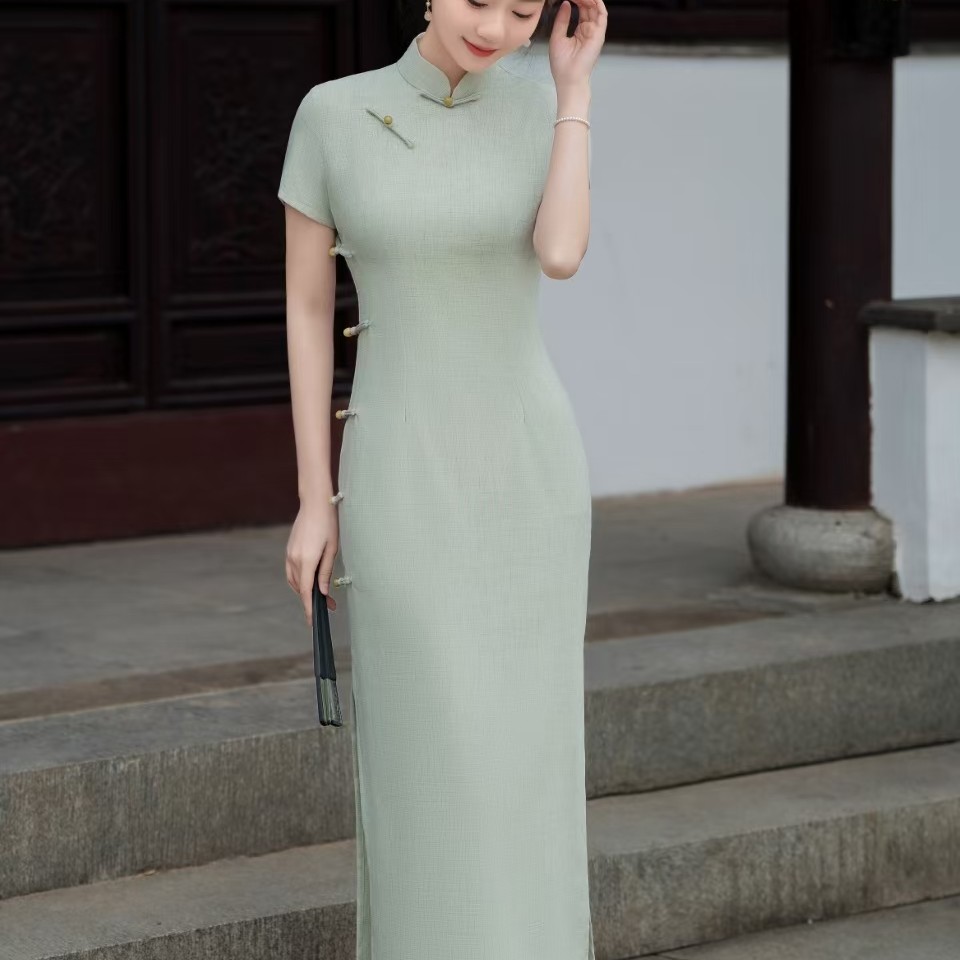 〔南书G〕旗袍夏季新国风旗袍连衣裙浅绿素雅文艺范年轻旗袍连衣裙
