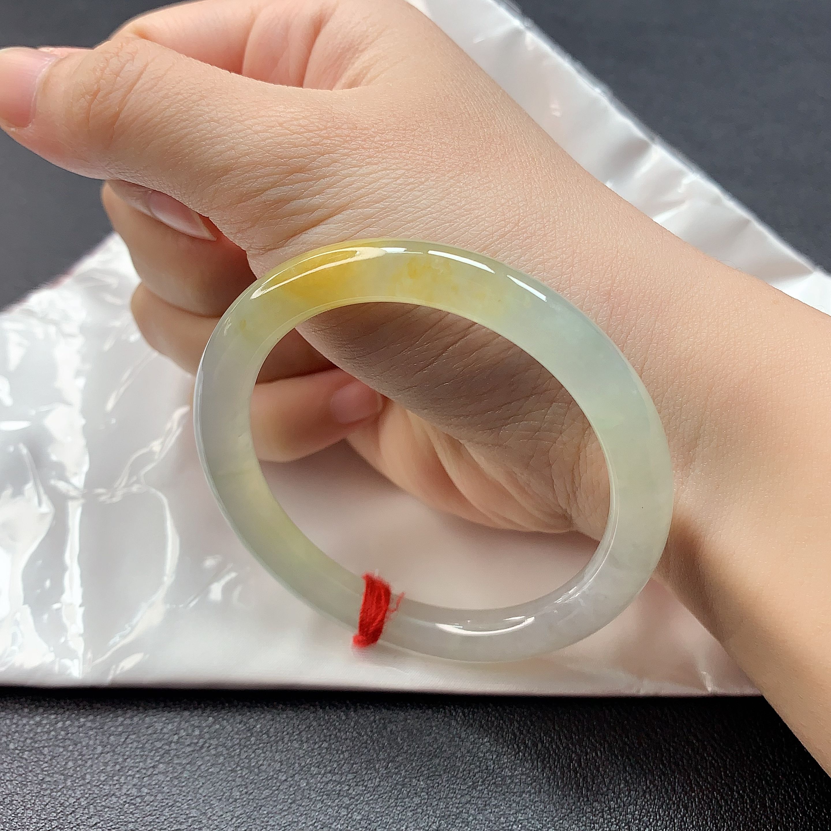 缅甸天然A货翡翠51圈口圆条冰透黄翡手镯时尚百搭平安镯