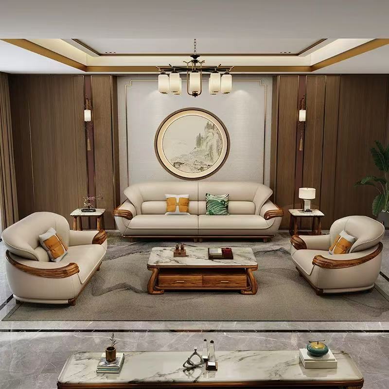  现代新中式乌金木沙发头层牛皮特厚牛皮真皮高端客厅家具组合