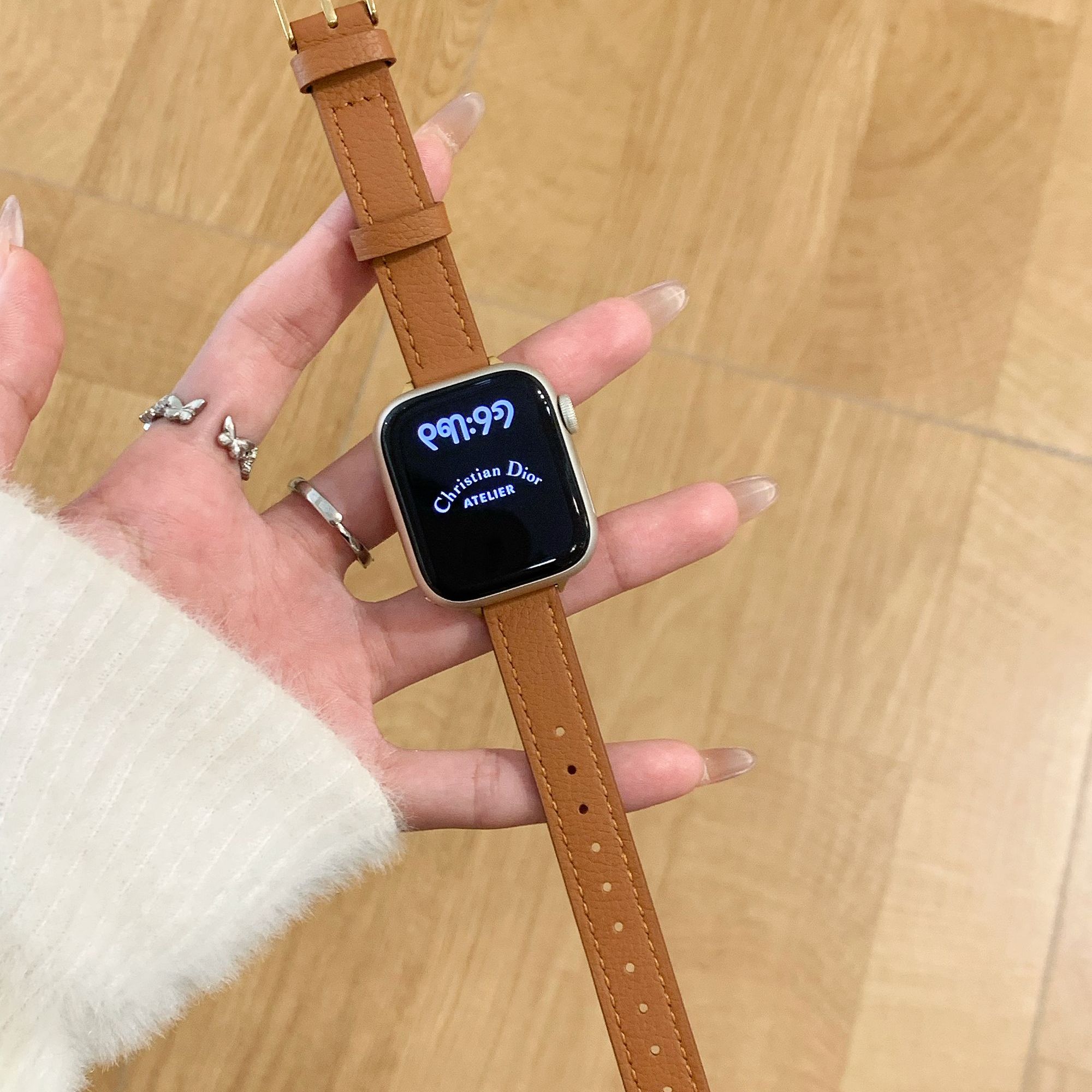 新款适用苹果表iwatchs10表带s8小牛皮荔枝纹金扣枚金扣真皮金扣