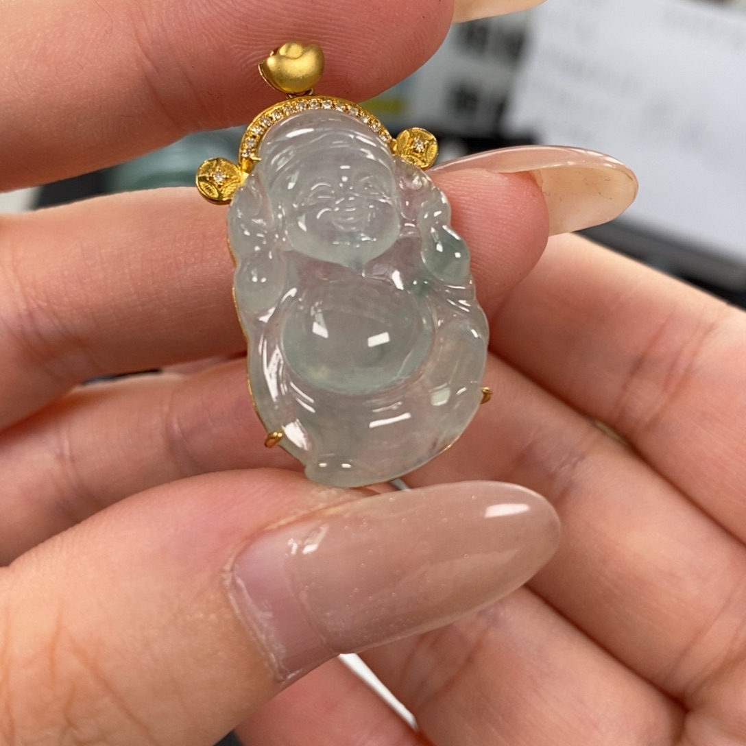 颈饰18K金镶嵌翡翠财财高冰翡翠18K