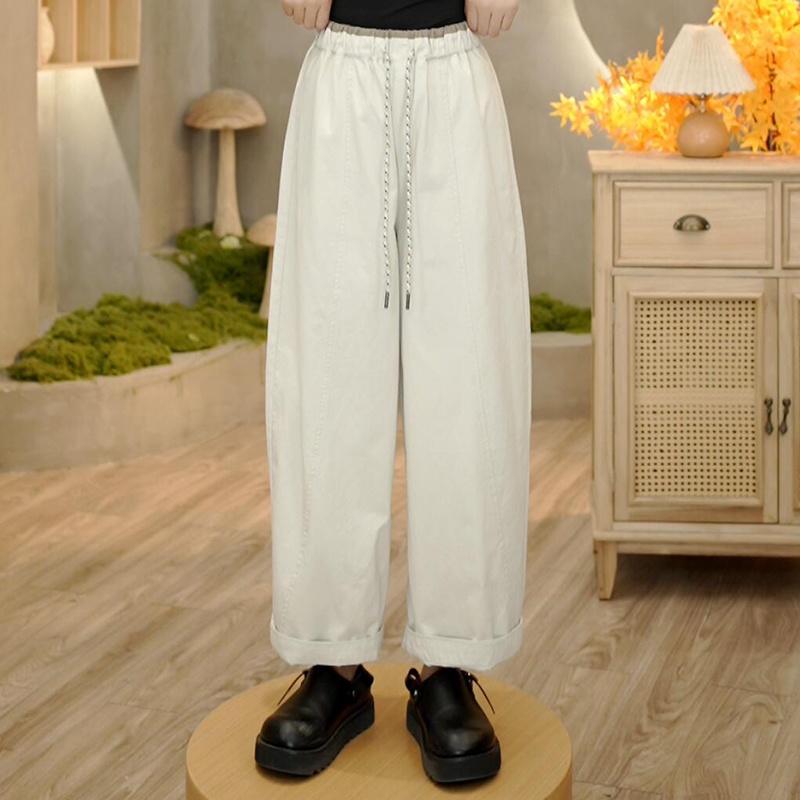 3944 秋新款中腰水洗系带松紧腰拼色休闲裤女宽松哈伦裤长裤女