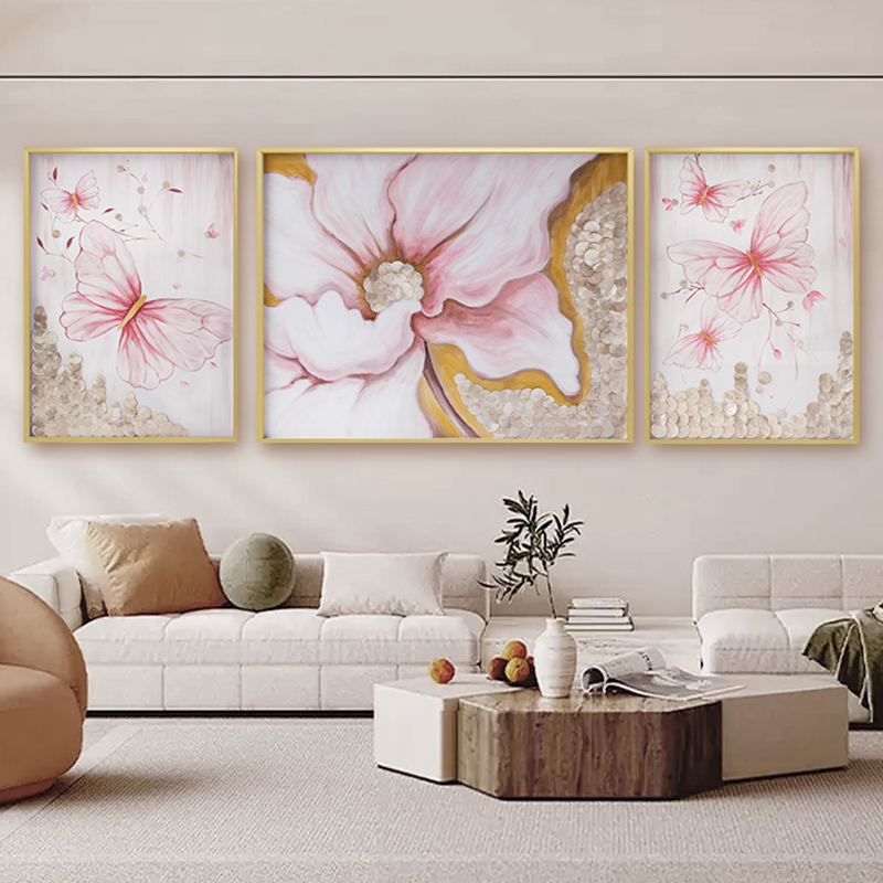 法式手绘花卉艺术油画田园风贝壳装饰画高档客厅定制三联花韵蝶影