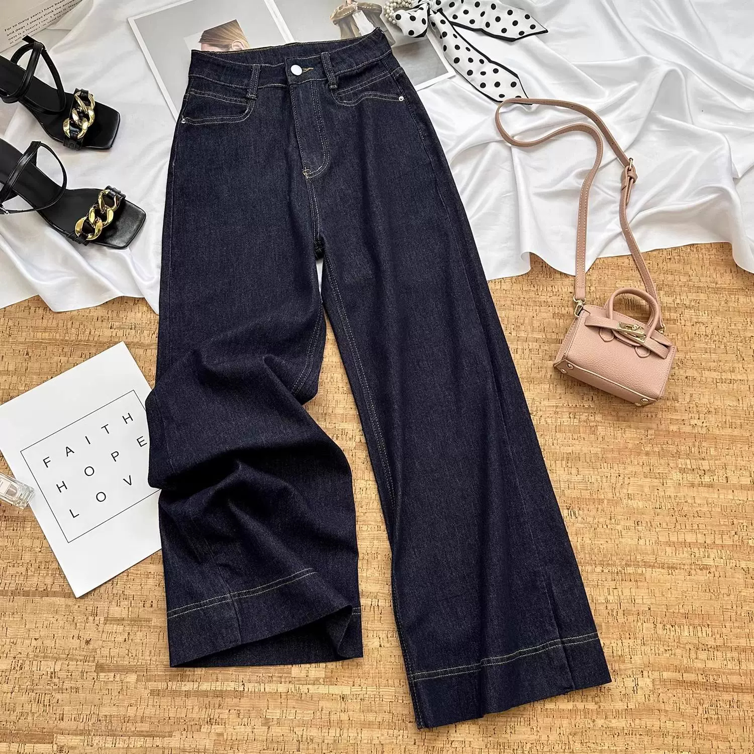 深蓝色阔腿牛仔裤女2025年秋冬加绒新款高腰显瘦宽松垂感阔腿裤子