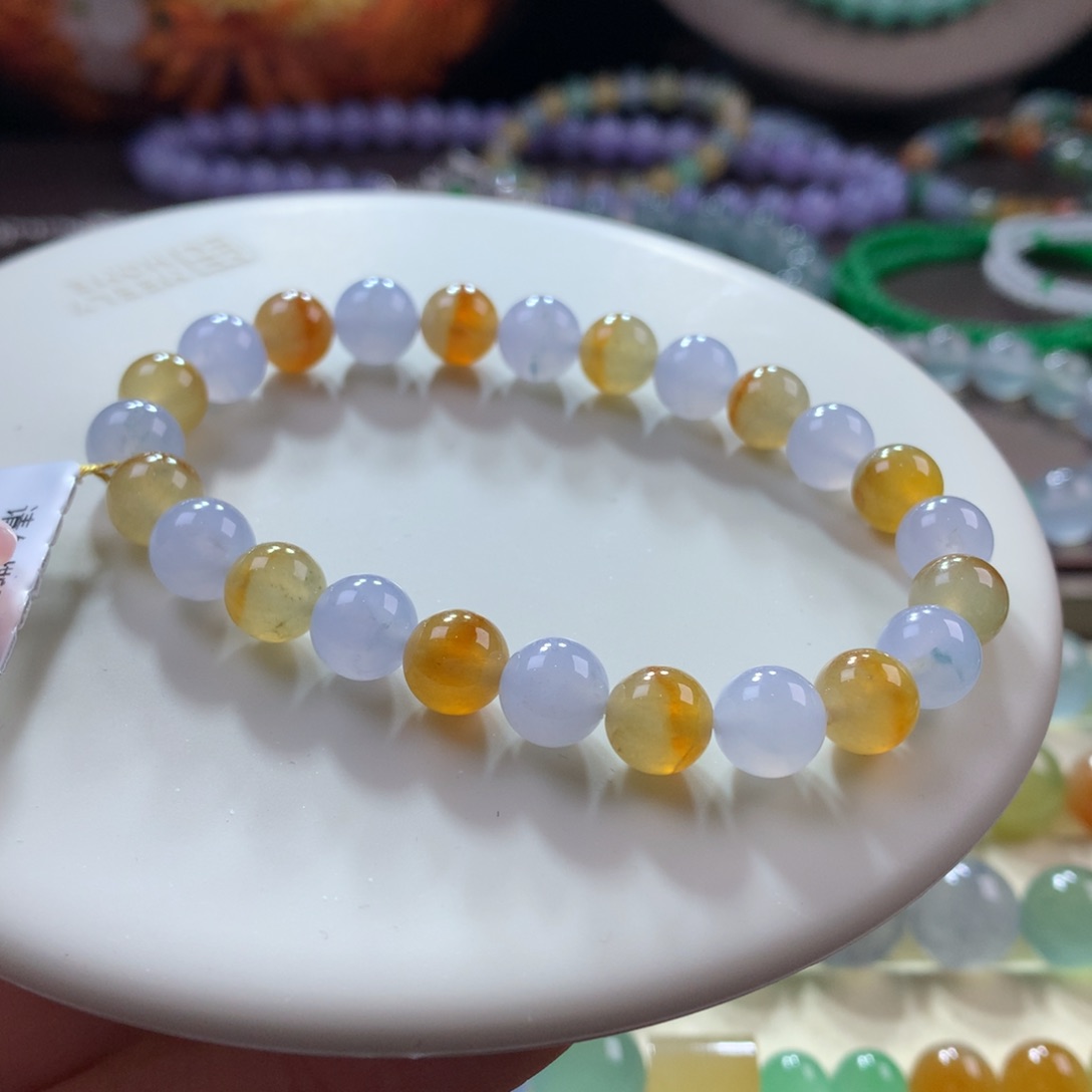 翡翠手链未镶嵌胶润黄加紫卡7.5