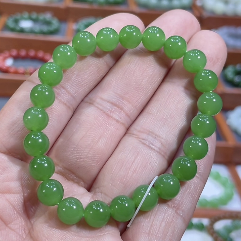 收藏级！和田玉俄料碧玉乌兰乌德高色苹果绿手串8mm