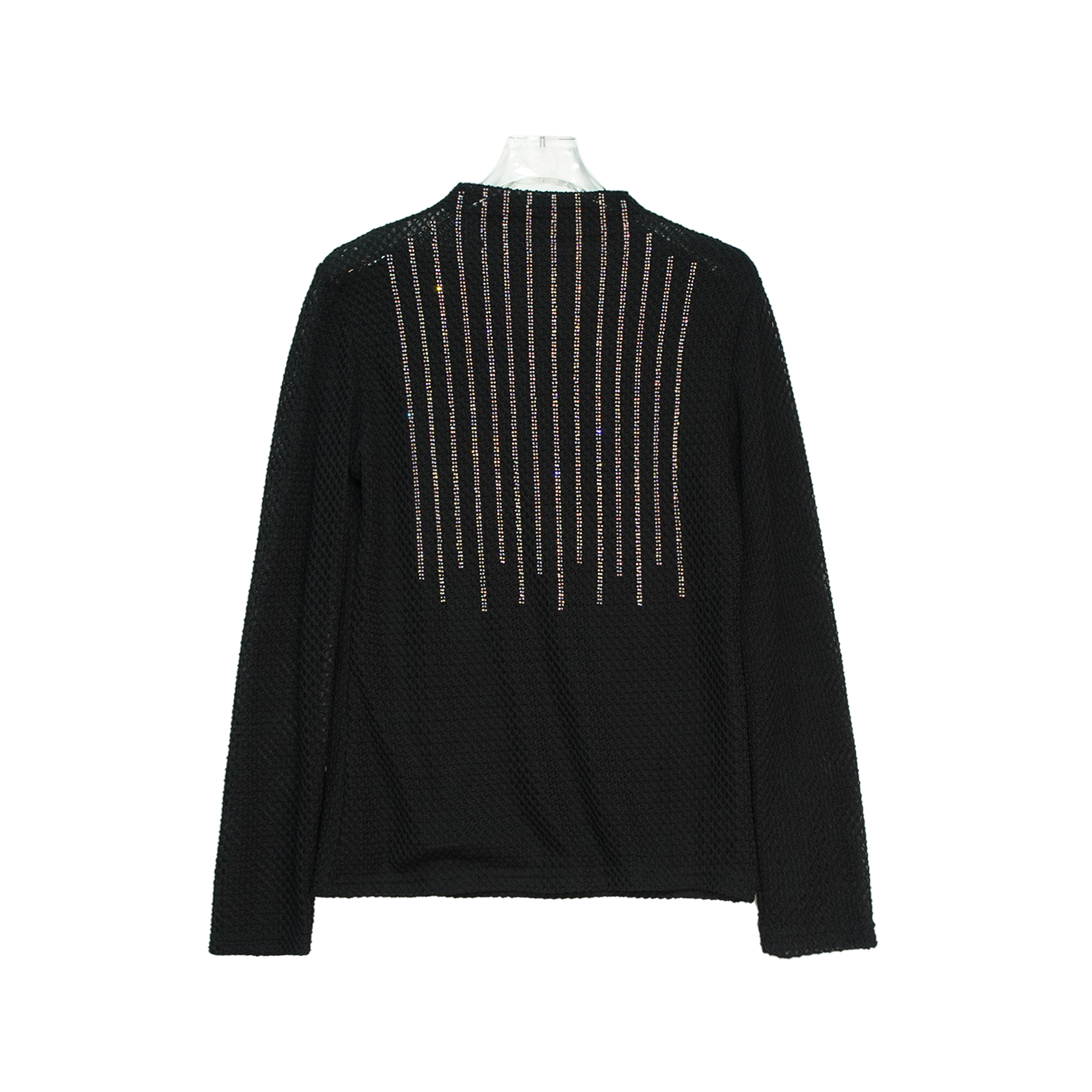 X2304 春上新 时尚百搭黑色烫钻洋气网纱打底衫