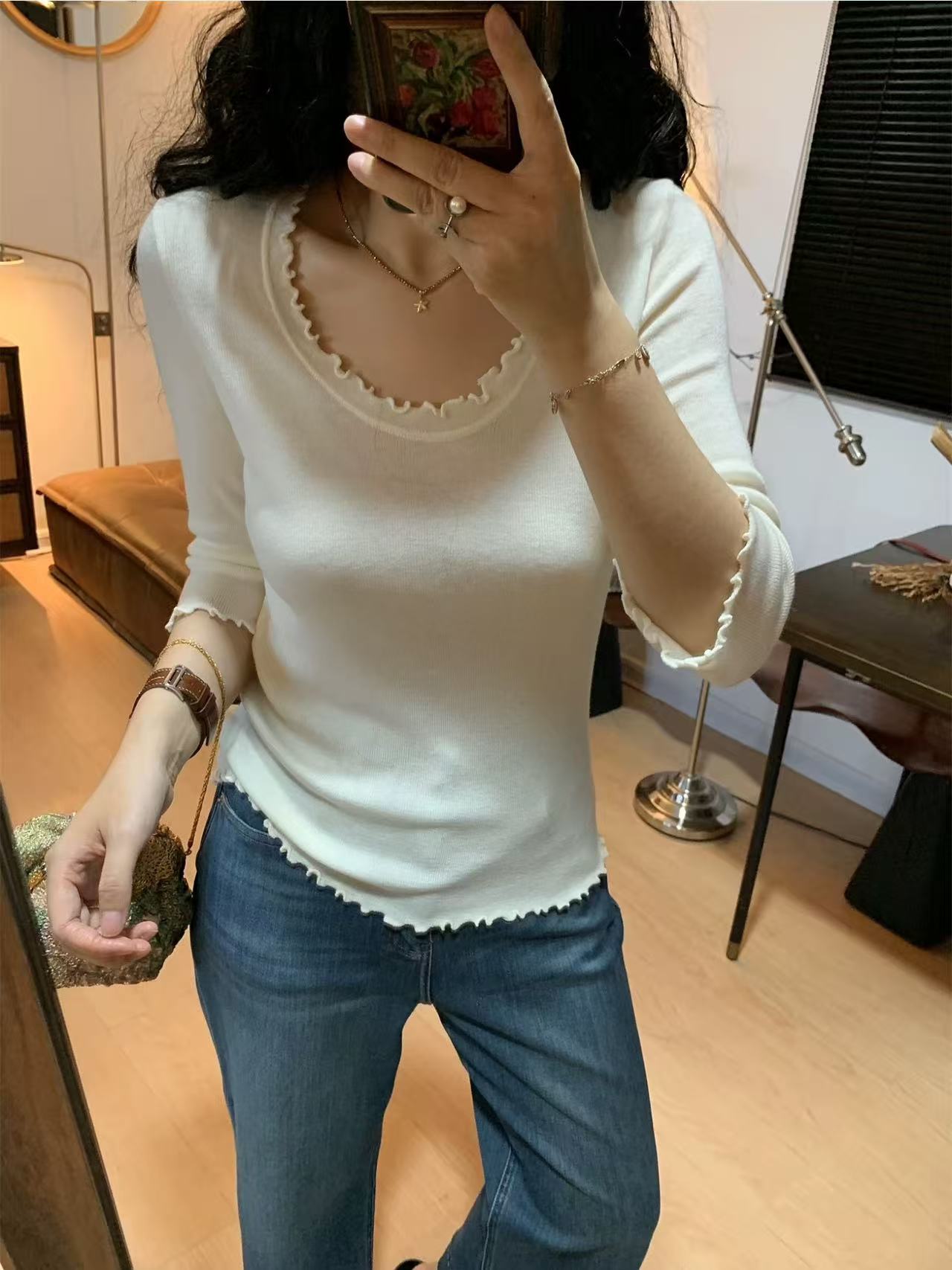 【2679】韩系木耳边针织衫