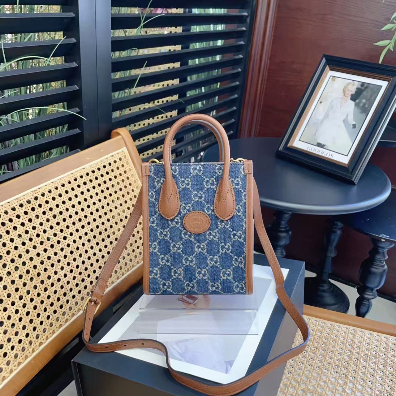 95新 GUCCI/古驰 GGS琴谱tote托特mini蓝色金扣单肩包64119374
