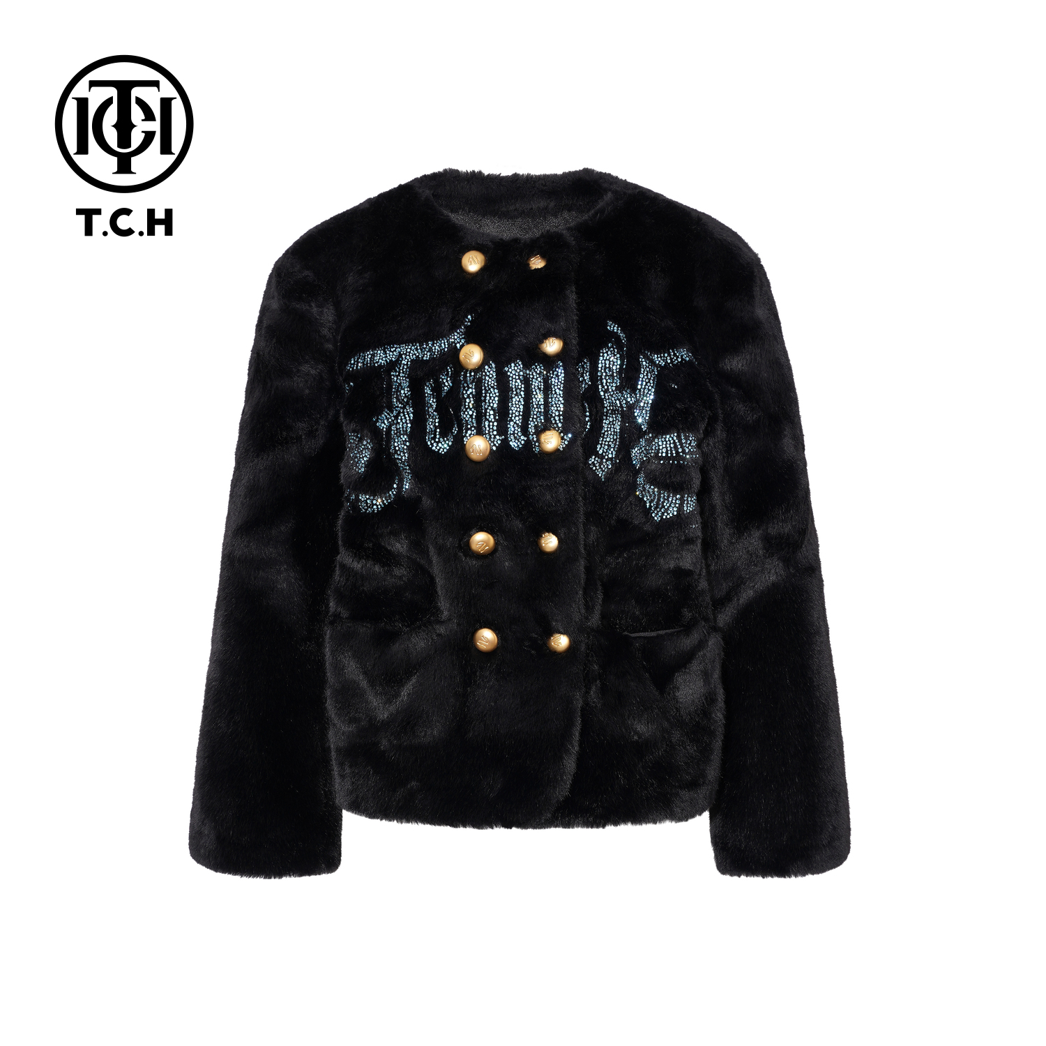 TCH私服秋款时尚休闲风烫钻淑女黑色毛毛外套T75C05E5003轻奢tch