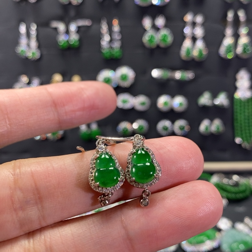 【闪购商品】翡翠耳饰银S925镀金镶嵌