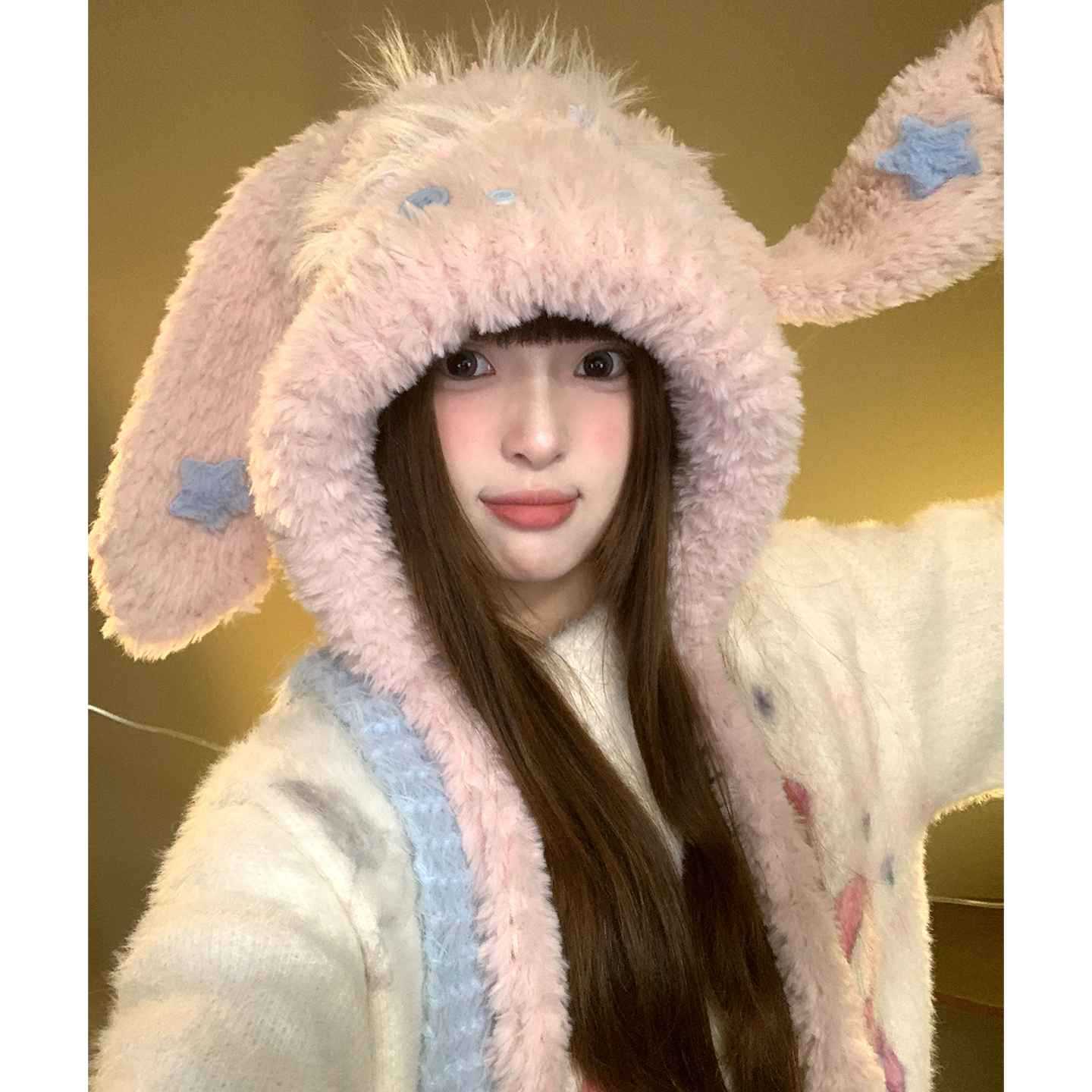 可爱毛绒星星兔耳朵针织套帽子网红女冬季大围加厚保暖护耳雷锋帽