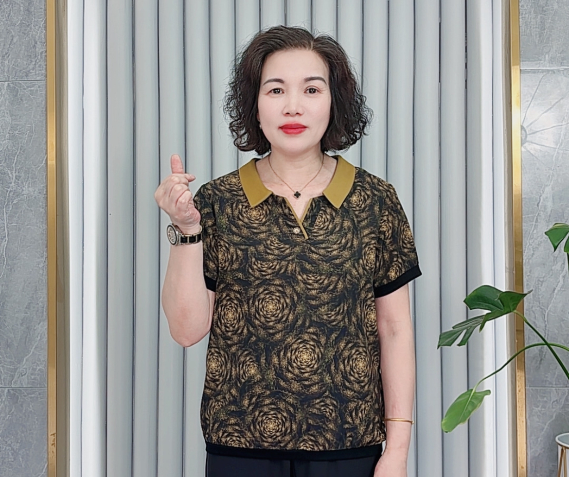 夏季新款精致翻领印花洋气妈妈装宽松洋气百搭短袖上衣#8868