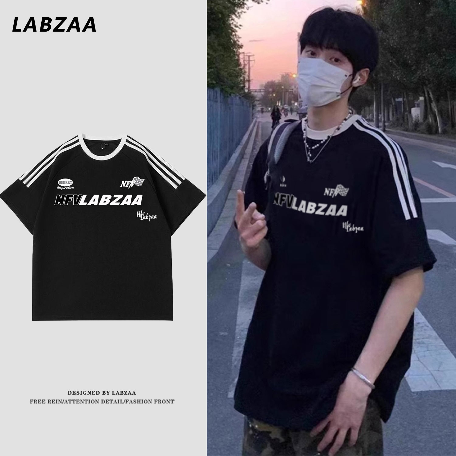 labzaa高街字母印花三条杠短袖t恤男夏季潮牌宽松重磅棉情侣上衣