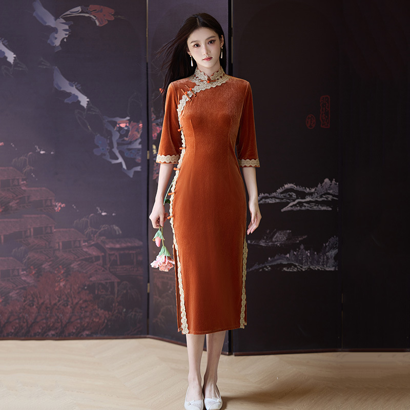 橙色丝绒国风新中式长袖长款旗袍2025新款年轻款女复古修身春秋装