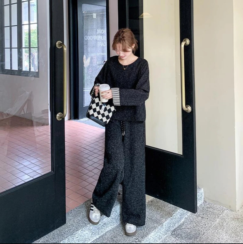 一整套早秋穿搭女装圆领上衣阔腿裤两件套时尚减龄显瘦套装2523