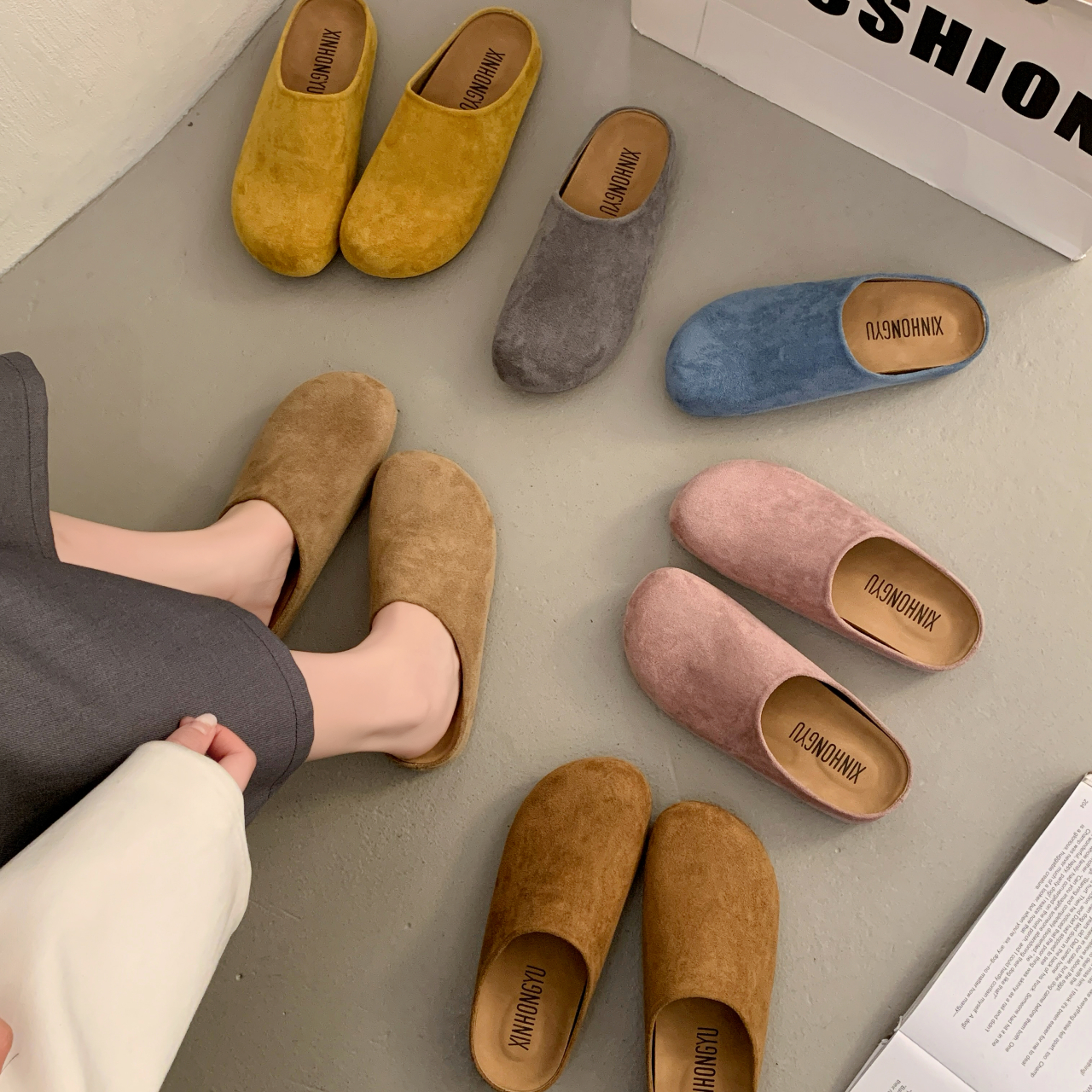 XHY【勃肯半拖】包头女新款糖果色系勃肯鞋内增高懒人鞋温州女鞋