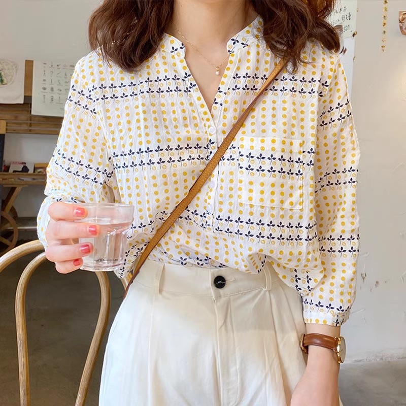 三叶草印花纯棉衬衫夏天七分袖衬衣设计感碎花气质V领宽松上衣