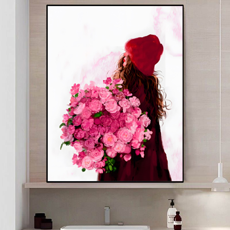 花束女孩现代风国潮治愈系沙发背景墙挂画客厅卧室装饰画L02