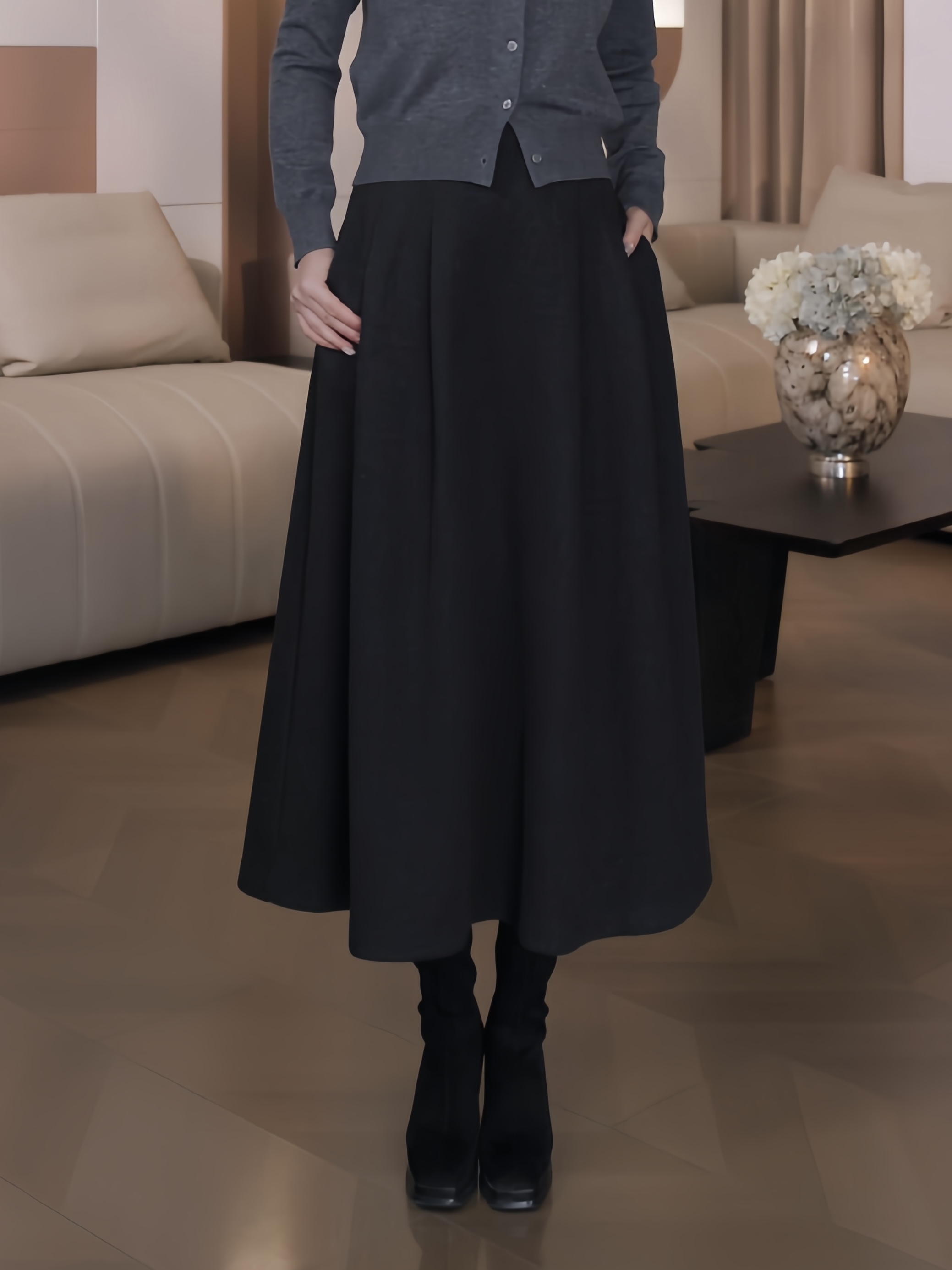 Nuovo Borgo 秋冬新款醋酸羊毛半身裙松紧腰毛呢A字裙大摆裙25439