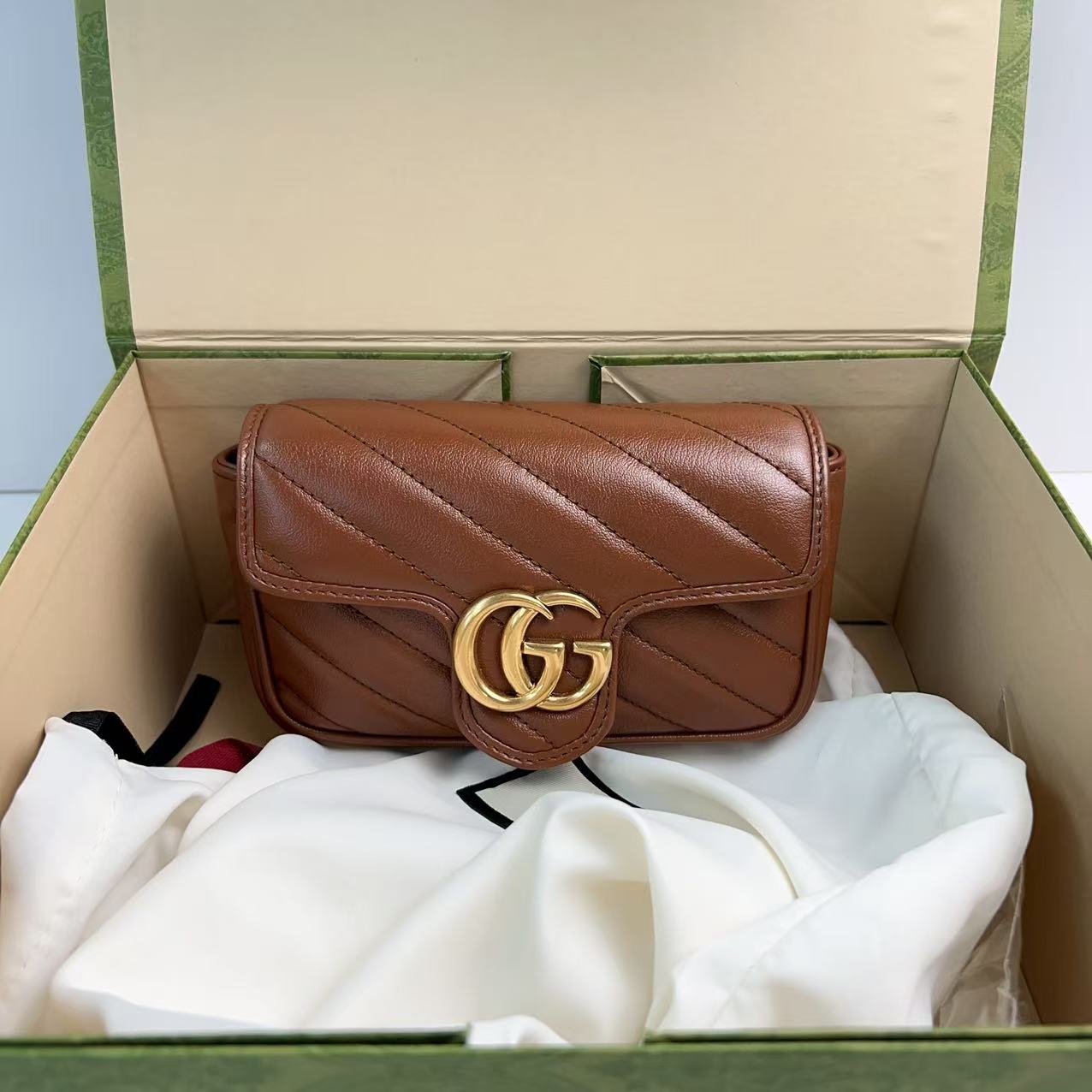 99新 GUCCI/古驰 古驰焦糖色马蒙mini百搭单肩包