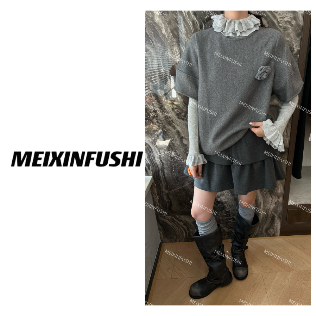 【Mei Xin】山茶花短袖花边设计短袖两件套/1637/D