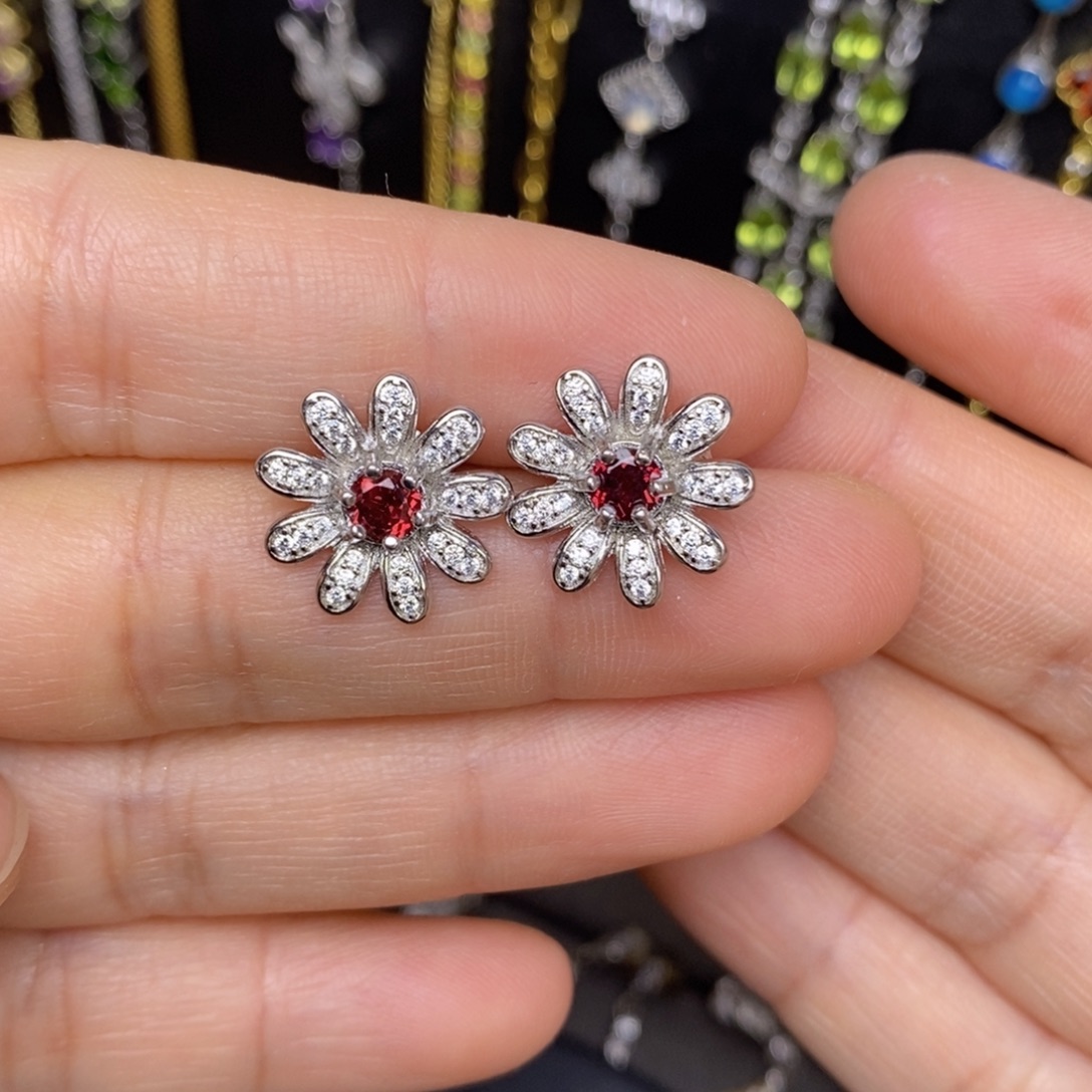 石榴石耳饰银S925镶嵌