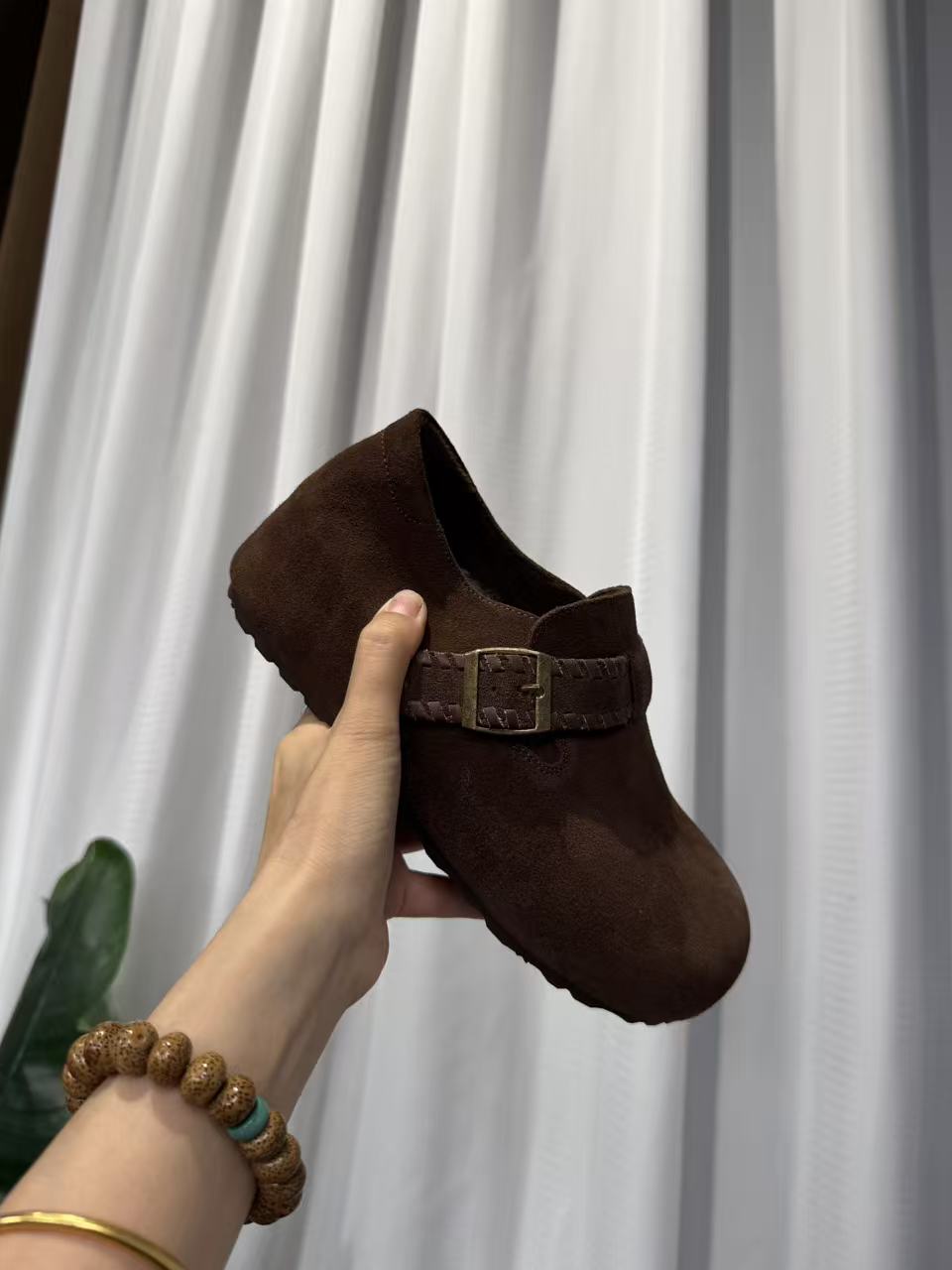 真皮勃肯鞋内增高秋冬时尚休闲时尚复古皮鞋女款冬天棉拖鞋