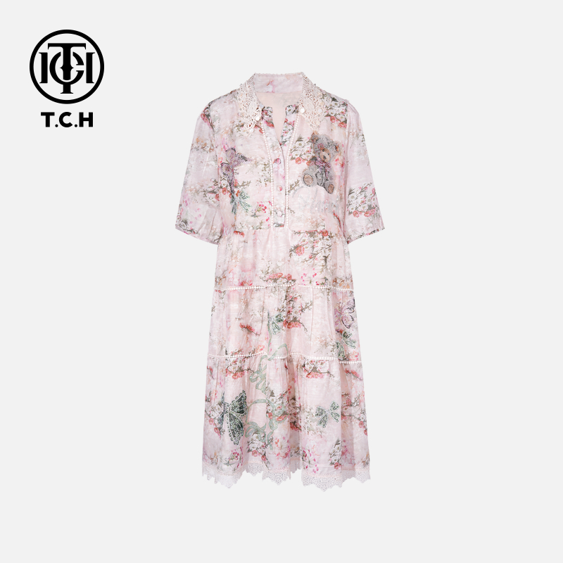 TCH私服烫钻工艺时尚休闲百搭蝴蝶结连衣裙女T75B30E5088轻奢tch