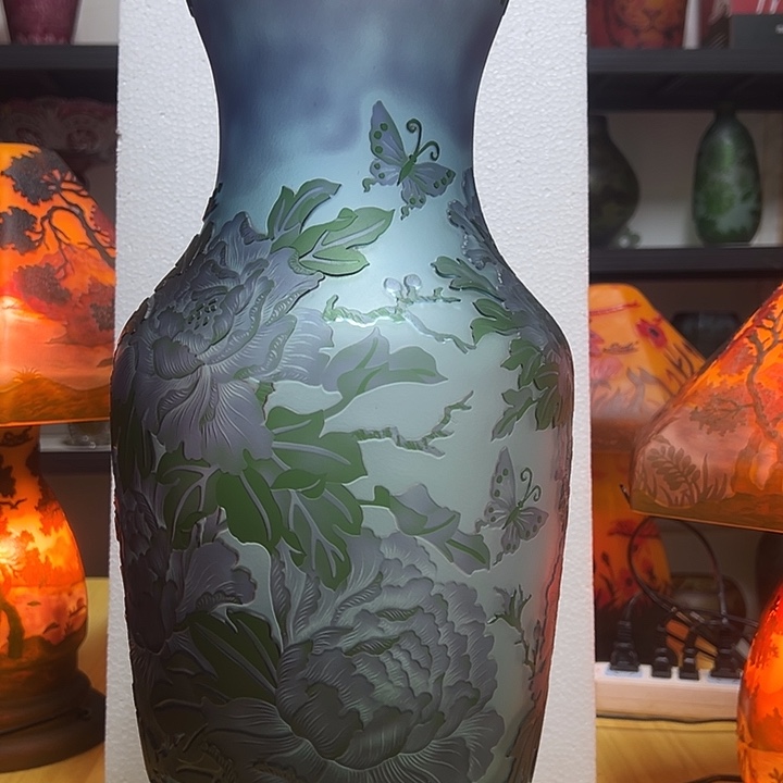 专***盖琉璃手工艺品紫色牡丹雕刻花瓶花器高46口15